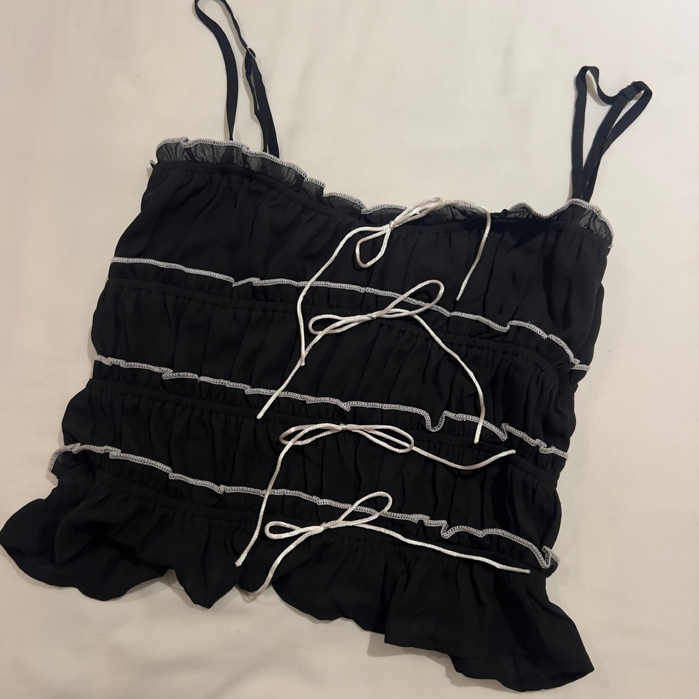 Animari Black White Ruffle Bow Cami Top Adjustable Straps